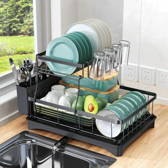Asnews 2-Tier Kitchen Dish Drying Rack, Stainless Steel Large Capacity Dish Rack With Cutlery Rack, Cutting Board Slot, And Cup Holders, Space-Saving Racks For Kitchen Counter, Black