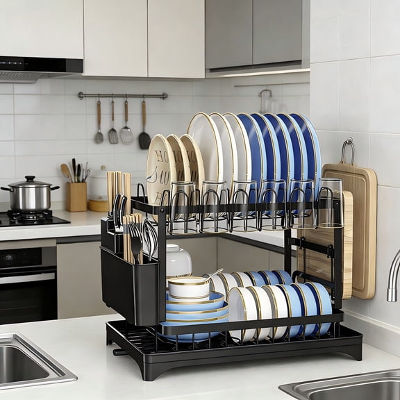 Asnews 2-Tier Kitchen Dish Drying Rack, Stainless Steel Large Capacity Dish Rack With Cutlery Rack, Cutting Board Sink, and Cup Holder, Saves Space, Suitable for Kitchen Countertops, Black