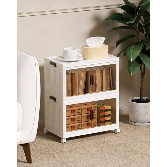 Asnews 2 Tier Stackable Storage Bins with Lids & Magnetic Doors, for Bedrooms, Living Rooms, and Studies
