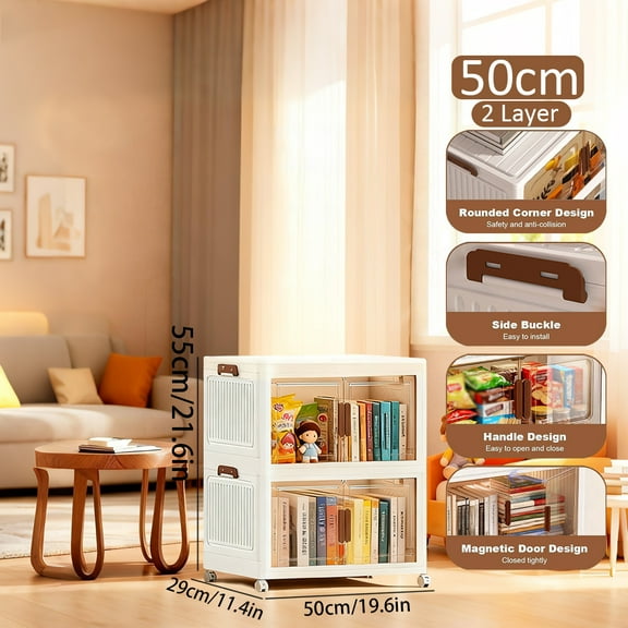 Asnews 2 Tier Stackable Storage Bins with Lids & Magnetic Doors, 34 QT Foldable Storage Cabinet with Wheels, Transparent Plastic Storages Drawers for Bedrooms, Living Rooms, and Studies