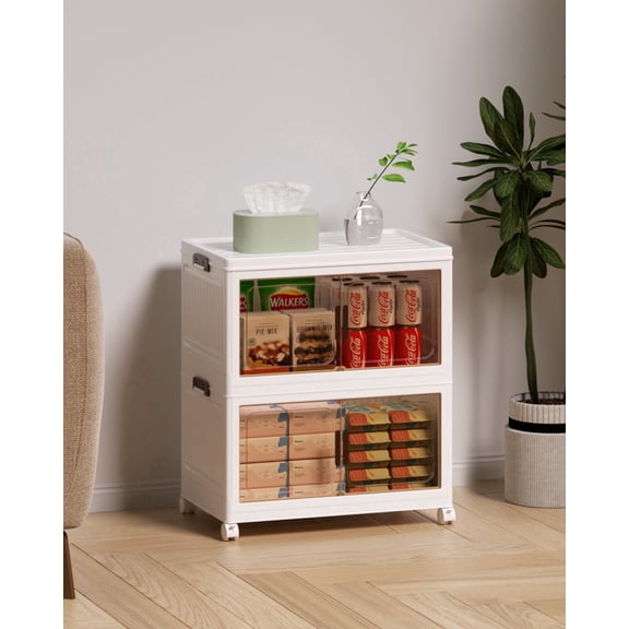 Asnews 2 Tier Stackable Storage Bins with Lids & Magnetic Doors, 34 QT Foldable Storage Cabinet with Wheels, Transparent Plastic Storages Drawers for Bedrooms, Living Rooms, and Studies