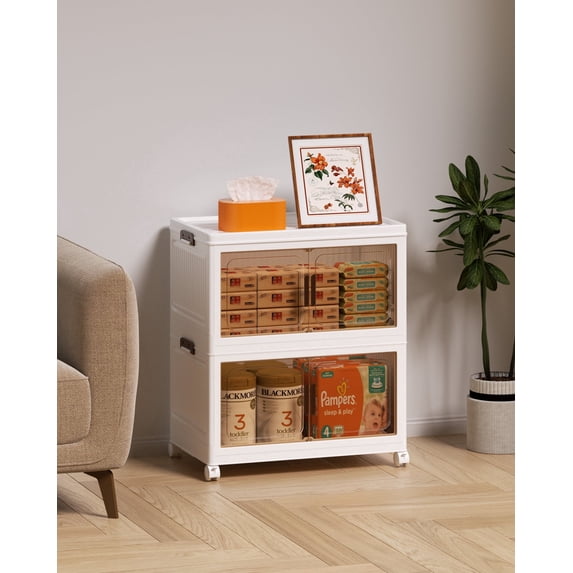 Asnews 2 Tier Stackable Storage Bins with Lids & Magnetic Doors, 55 QT Foldable Storage Cabinet with Wheels, Transparent Plastic Storages Drawers for Bedrooms, Living Rooms, and Studies