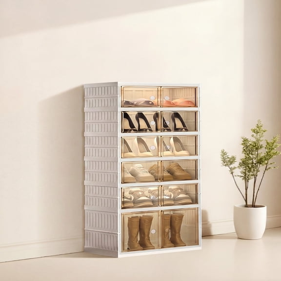 Asnews 6-Tier Foldable Shoe Organizer Storage Box, Portable Shoes Storage Cabinet with Cover, Magnetic Clear Door