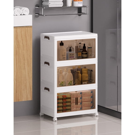 Asnews 3 Tier Stackable Storage Bins with Lids & Magnetic Doors, 34 QT Foldable Storage Cabinet with Wheels, Transparent Plastic Storages Drawers for Bedrooms, Living Rooms, and Studies