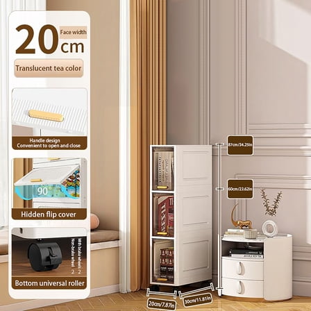 Asnews 3-Tiers Plastic Tall Narrow Storage Cabinet with Movable Wheels, 90° Flip Door Design, Foldable Slim Bathroom Storage Cabinet for Small Space, Bathroom, Kitchen, Laundry