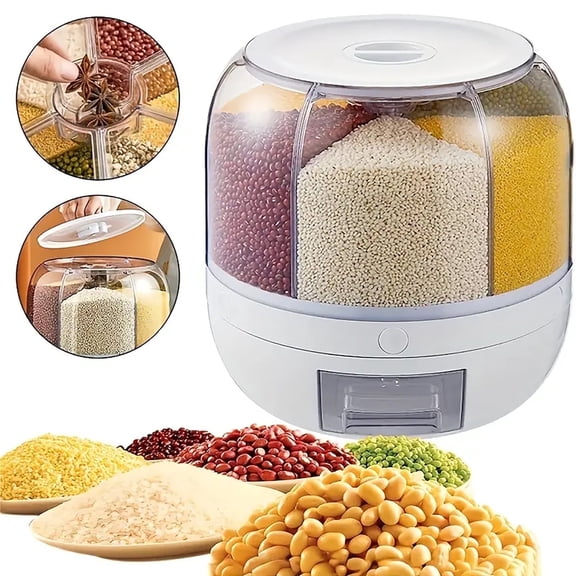 Asnews 360 Rotating Cereal Dispenser Container, Rice Dispenser Storage Container for Kitchen, BPA-free, White