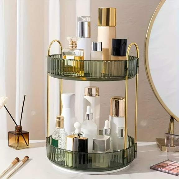 Asnews 360° Rotating Makeup Organizer, 2 Tier Adjustable Perfume Organizer for Dresser, Multi-Function Spinning Cosmetics Skincare Storage for Bedroom, Dresser, Countertop (Green, 2 Tier)