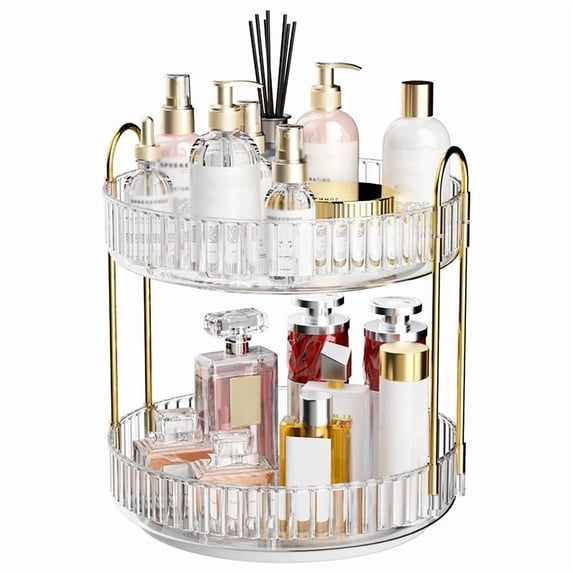 Asnews 360° Rotating Makeup Organizer, 2 Tier Adjustable Perfume Organizer for Dresser, Multi-Function Spinning Cosmetics Skincare Storage for Bedroom, Dresser, Countertop (Clear, 2 Tier)