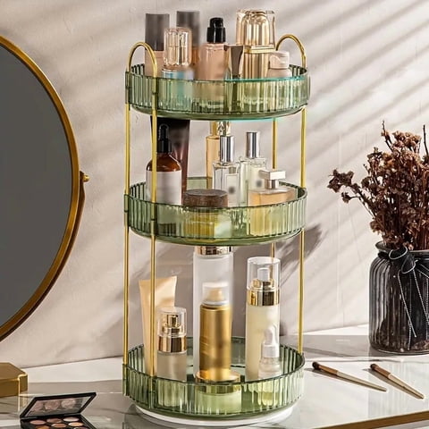 Asnews 360° Rotating Makeup Organizer, 3 Tier Adjustable Perfume Organizer for Dresser, Multi-Function Spinning Cosmetics Skincare Storage for Bedroom, Dresser, Countertop (Green, 3 Tier)