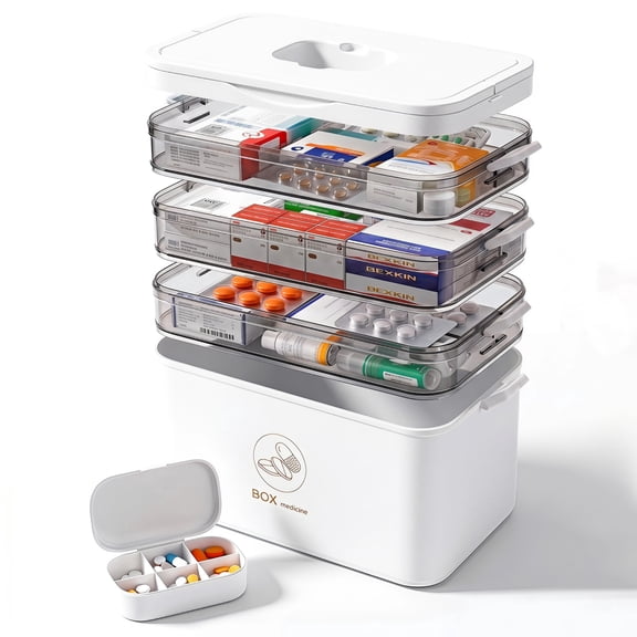 Asnews 4-Tier Large Medicine Organizer Box With Free Travel Pill Case – Portable First Aid Kit, Clear Medicine Storage With Handle & Secure Latch For Home (Large Capacity)