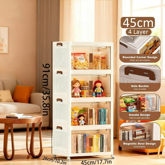 Asnews 4 Tier Stackable Storage Bins with Lids & Magnetic Doors, for Bedrooms, Living Rooms, and Studies