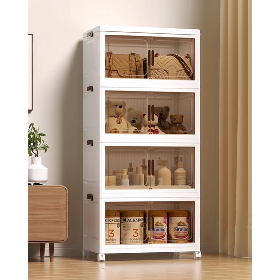 Asnews 4 Tier Stackable Storage Bins with Lids & Magnetic Doors, 55 QT Foldable Storage Cabinet with Wheels, Transparent Plastic Storages Drawers for Bedrooms, Living Rooms, and Studies