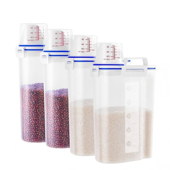 Asnews 4Pcs 5.5Lbs Airtight Rice Storage Containers with Locking Lids & Pour Spout - Includes Measuring Cups - BPA-Free. Kitchen Plastic Clear Dry Food Storage for Grain, Oatmeal , Pet Dog Food