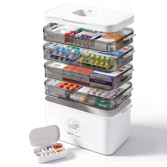 Asnews 5-Tier Large Medicine Organizer Box With Free Travel Pill Case – Portable First Aid Kit, Clear Medicine Storage With Handle & Secure Latch For Home (Extra Large Capacity)