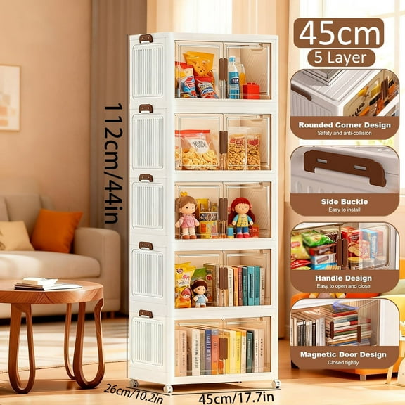 Asnews 5 Tier Stackable Storage Bins with Lids & Magnetic Doors, for Bedrooms, Living Rooms, and Studies
