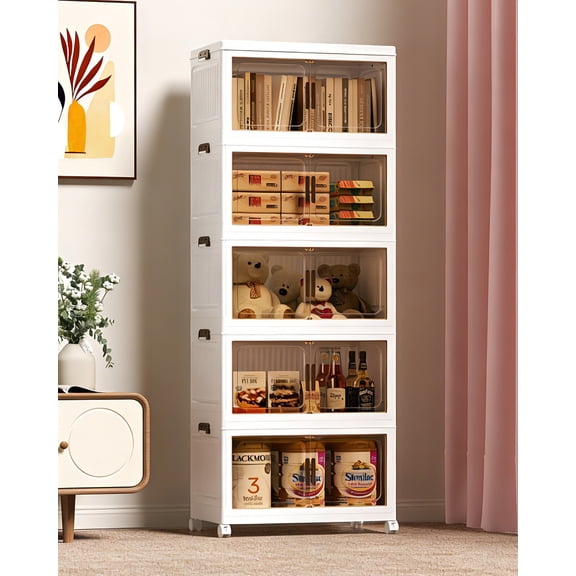 Asnews 5 Tier Stackable Storage Bins with Lids & Magnetic Doors, for Bedrooms, Living Rooms, and Studies