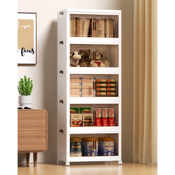 Asnews 5 Tier Stackable Storage Bins with Lids & Magnetic Doors, for Bedrooms, Living Rooms, and Studies