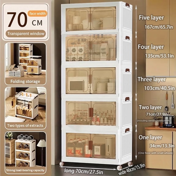 Asnews 5 Tier Stackable Storage Bins with Lids & Magnetic Doors, 86 QT Foldable Storage Cabinet with Wheels, Transparent Plastic Storages Drawers for Bedrooms, Living Rooms, and Studies
