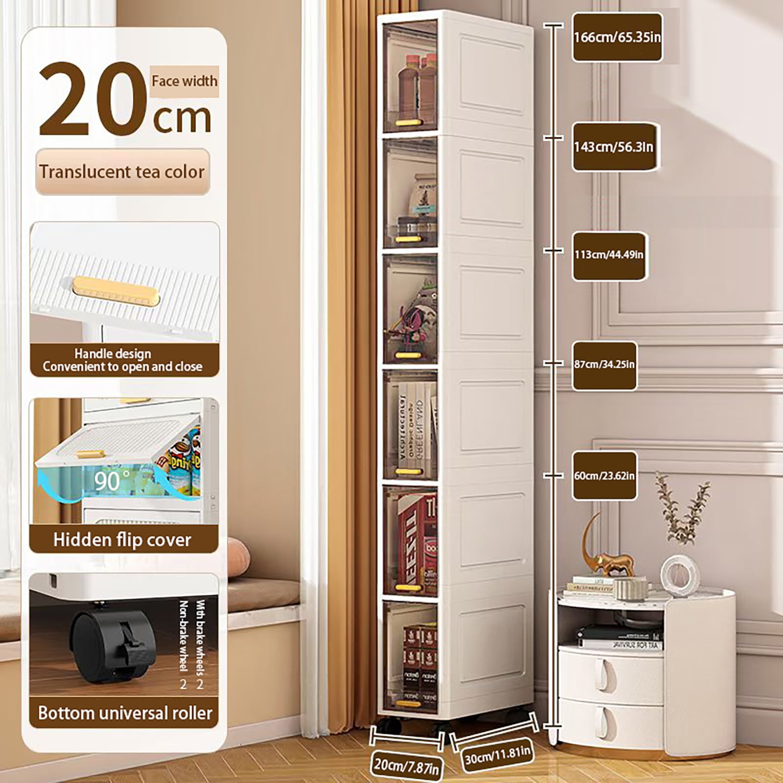 Asnews 6-Tiers Plastic Tall Narrow Storage Cabinet with Movable Wheels, 90° Flip Door Design, Foldable Slim Bathroom Storage Cabinet for Small Space, Bathroom, Kitchen, Laundry