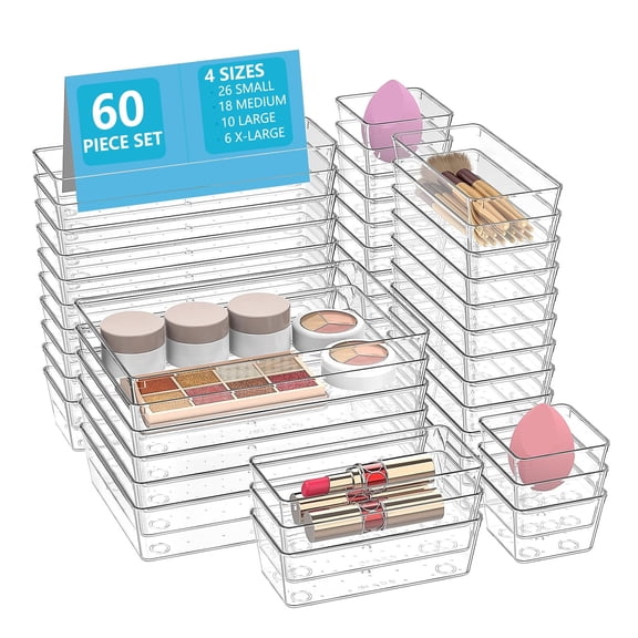 Asnews 60 Pcs Clear Plastic Drawer Organizer Set, 4 Sizes Desk Drawer Divider Organizers and Storage Bins for Makeup, Jewelry, Bedroom, Bathroom, Office