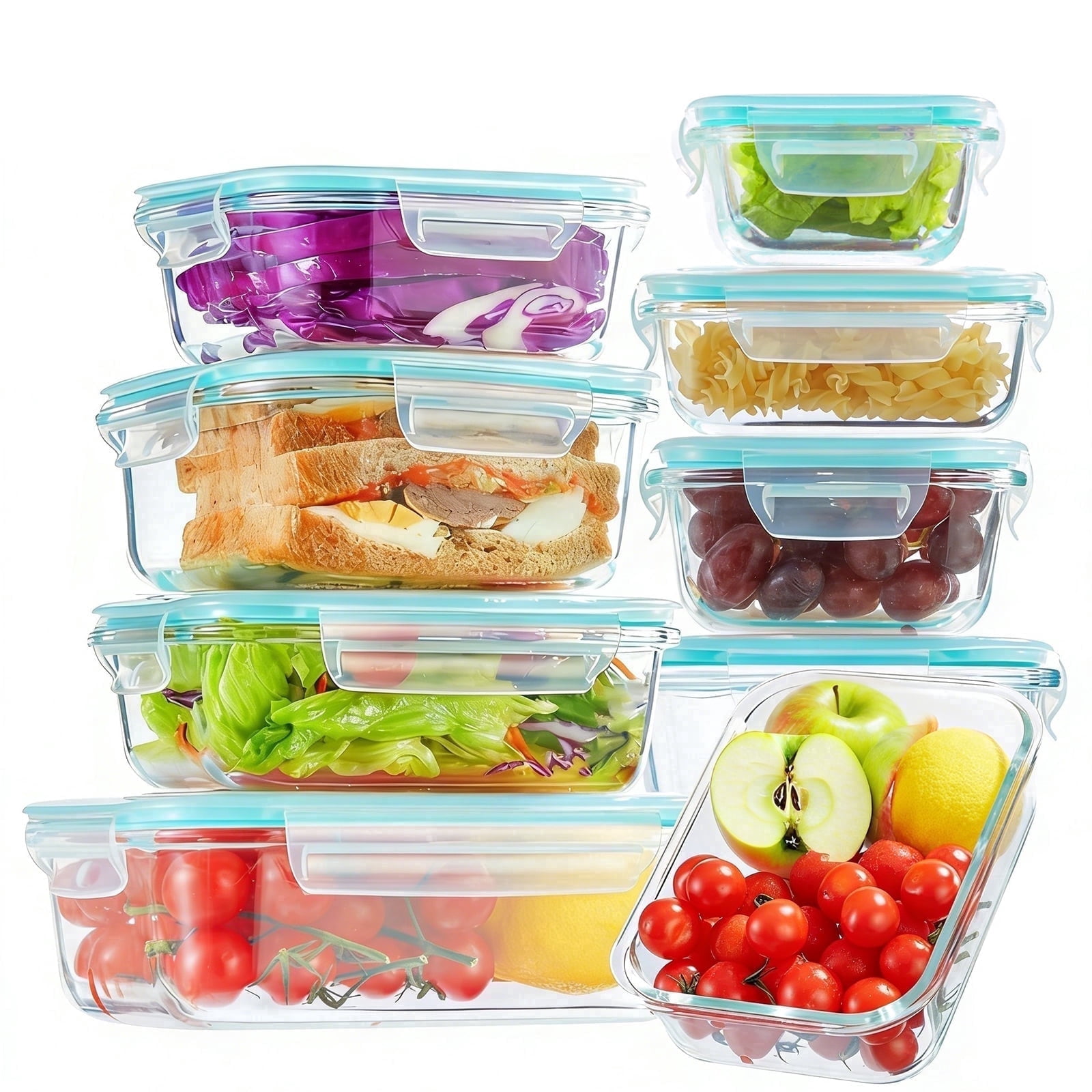 Asnews 8 Pack Glass Food Storage Containers Set, Glass Meal Prep Containers with Lids, Airtight Bento Boxes, for Microwave, Oven, Freezer and Dishwasher Safe, Green