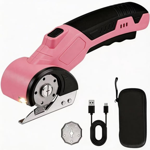 Asnish Cordless Electric Scissors 4.2V, Fabric LeatherPlastic Cutter Machine, Rotary Utility Knife forCarpet Cardboard Craft Cutting with Storage Box(Pink)