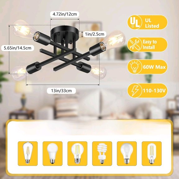 Asnxcju 4-Light Hallway Semi Flush Mount Light Fixtures, Farmhouse Black Light Fixtures Ceiling Mount, Indoor Close to Ceiling Lighting for Kitchen Entryway Bedroom Foyer (Bulb Not Included)$$