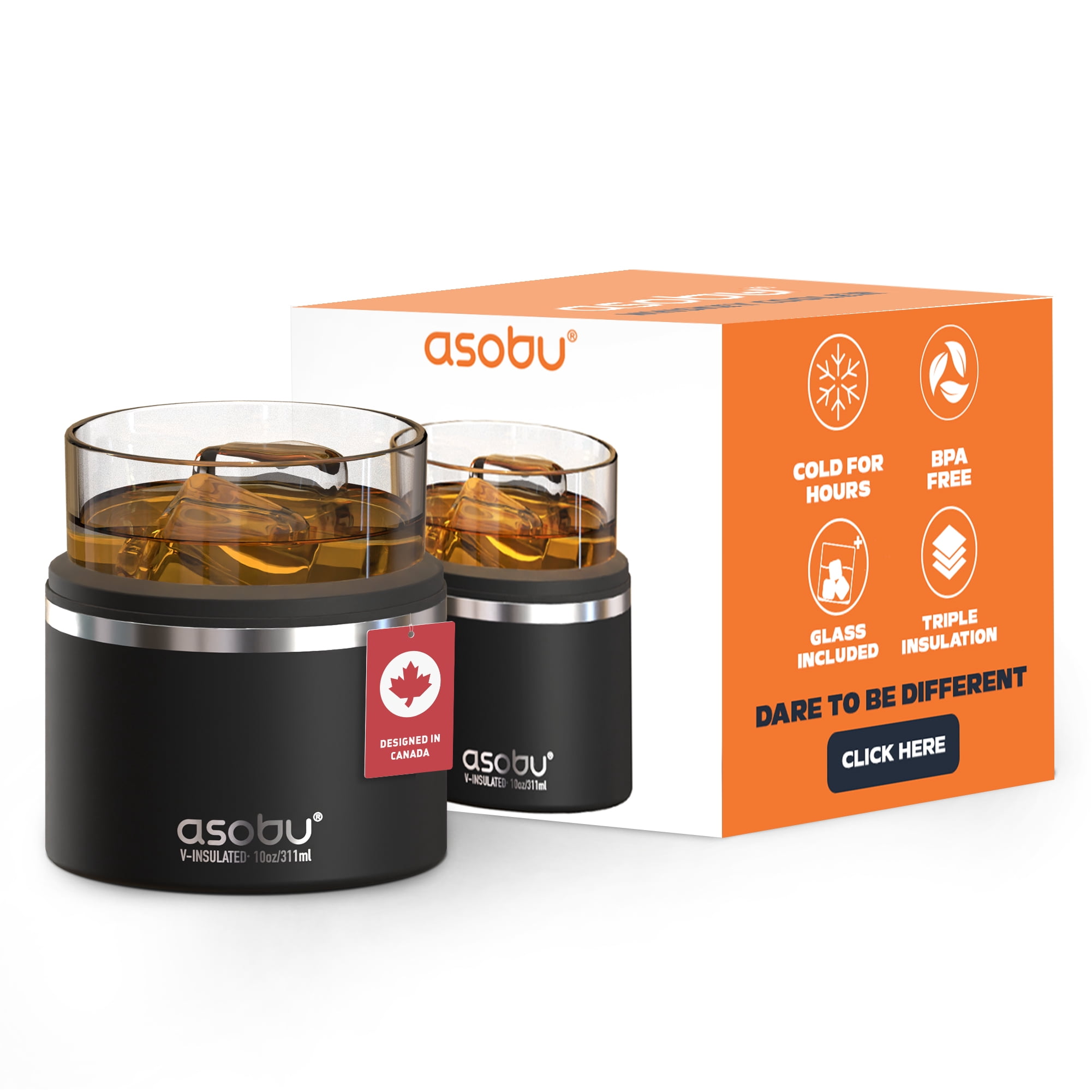 Asobu - Black Whiskey Glass with Insulated Stainless Steel Sleeve, 10.5 ounces