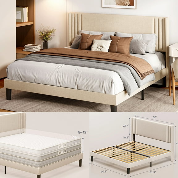 Asofer Queen Size Platform Bed Frame with Tufted Headboard, Steel Slat Support System, Beige
