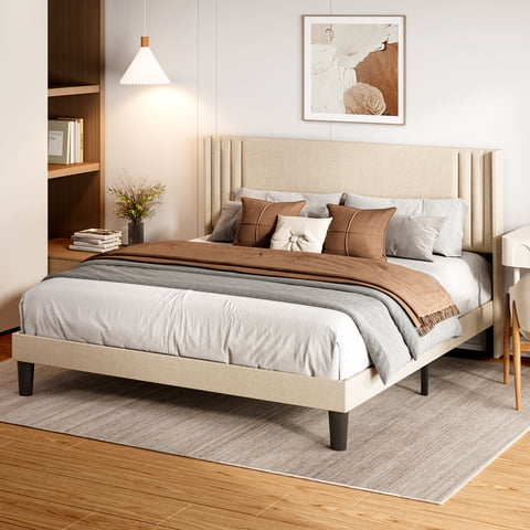 Asofer Queen Size Platform Bed Frame with Tufted Headboard, Steel Slat Support System, Beige