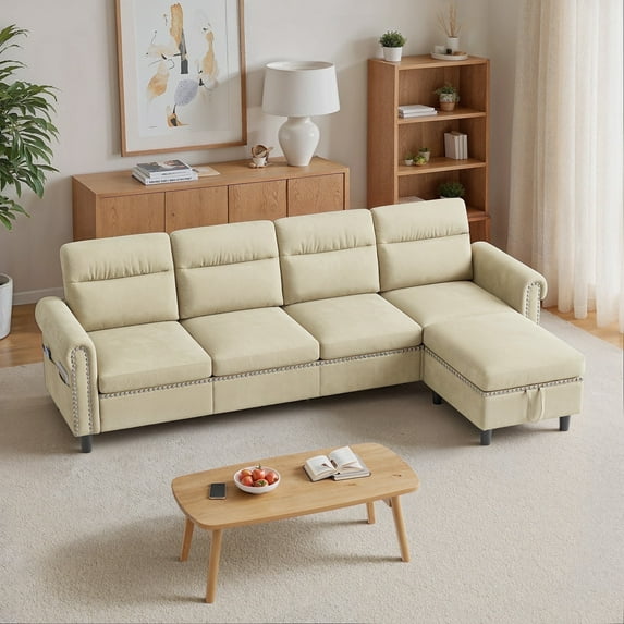 L Shaped Sectional Sofa Couch, 4 Seat Suede Fabric Modular Sofa with Storage Ottoman, Beige