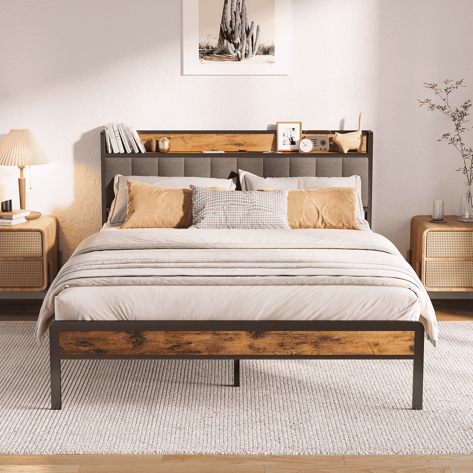 Asofer Queen Bed Frame Clearance, Metal Bed Frame with Wood Storage Headboard, Noise Free, Dark Gray