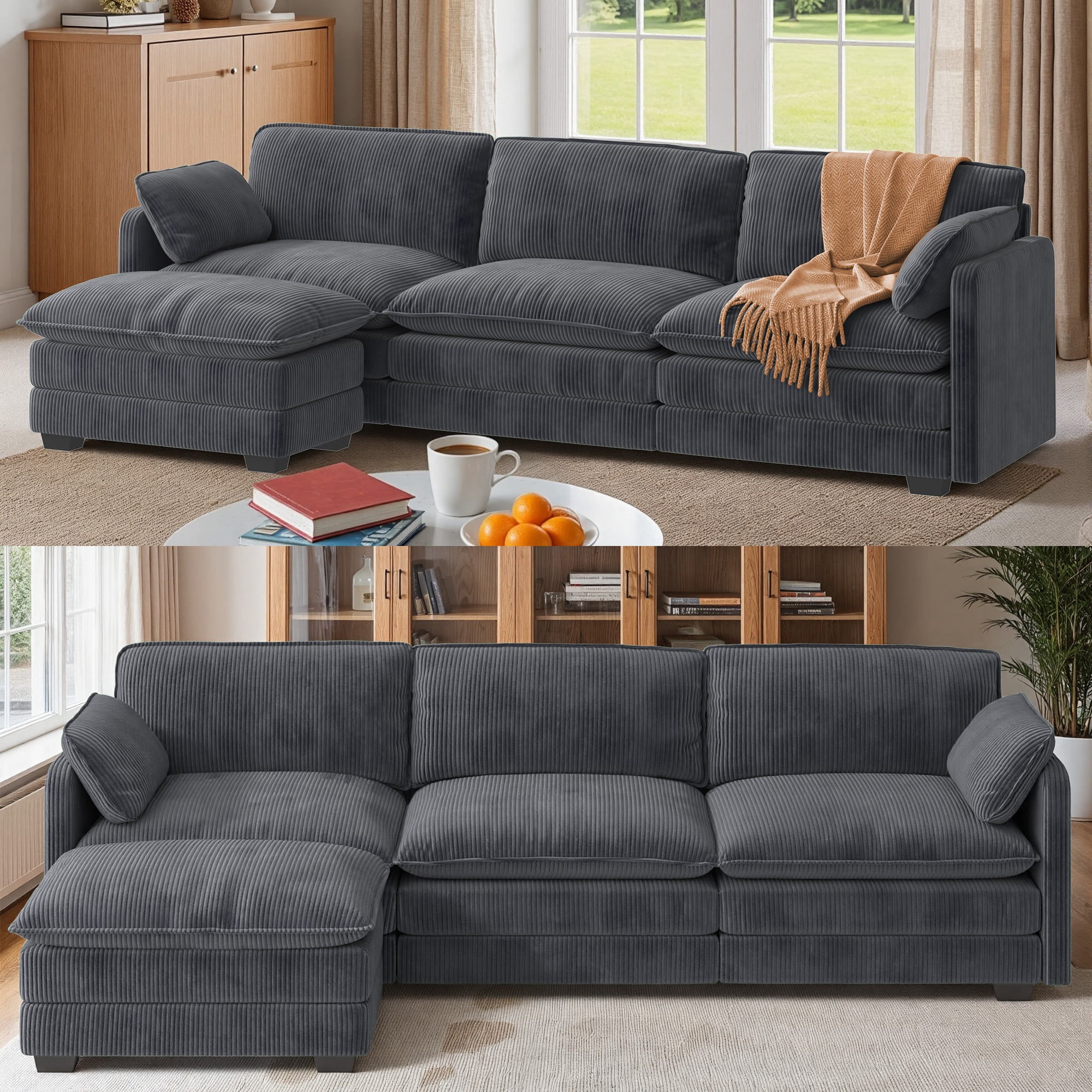Asofer Sectional Couches for Living Room, L-Shaped Sofa Couch with Comfy Chenille, 3 Seat Sofa Set with Chaise for Apartment (Fabric, Grey)
