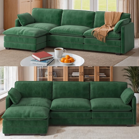 Asofer 110.2" L Shaped Sofa Couch, Modular Comfy Chenille Deep Seat Sofa with Movable Ottoman for Living Room, Apartment, Green