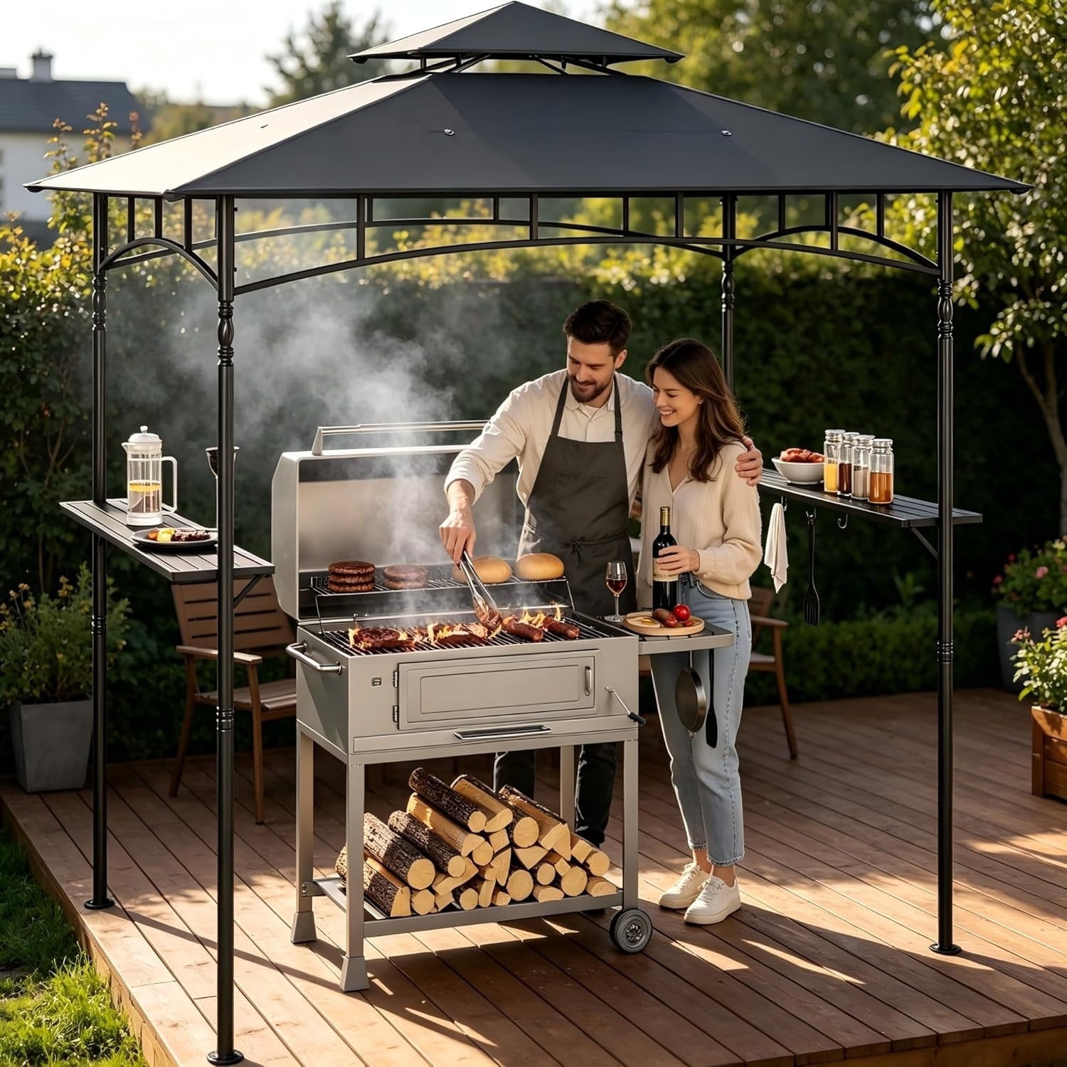 8'x5' Grill Gazebo,Asofer Double Tier BBQ Canopy with Vented Top, Outdoor Steel Frame Shelters with Shelves and Hooks for Backyard Patio,Dark Gray