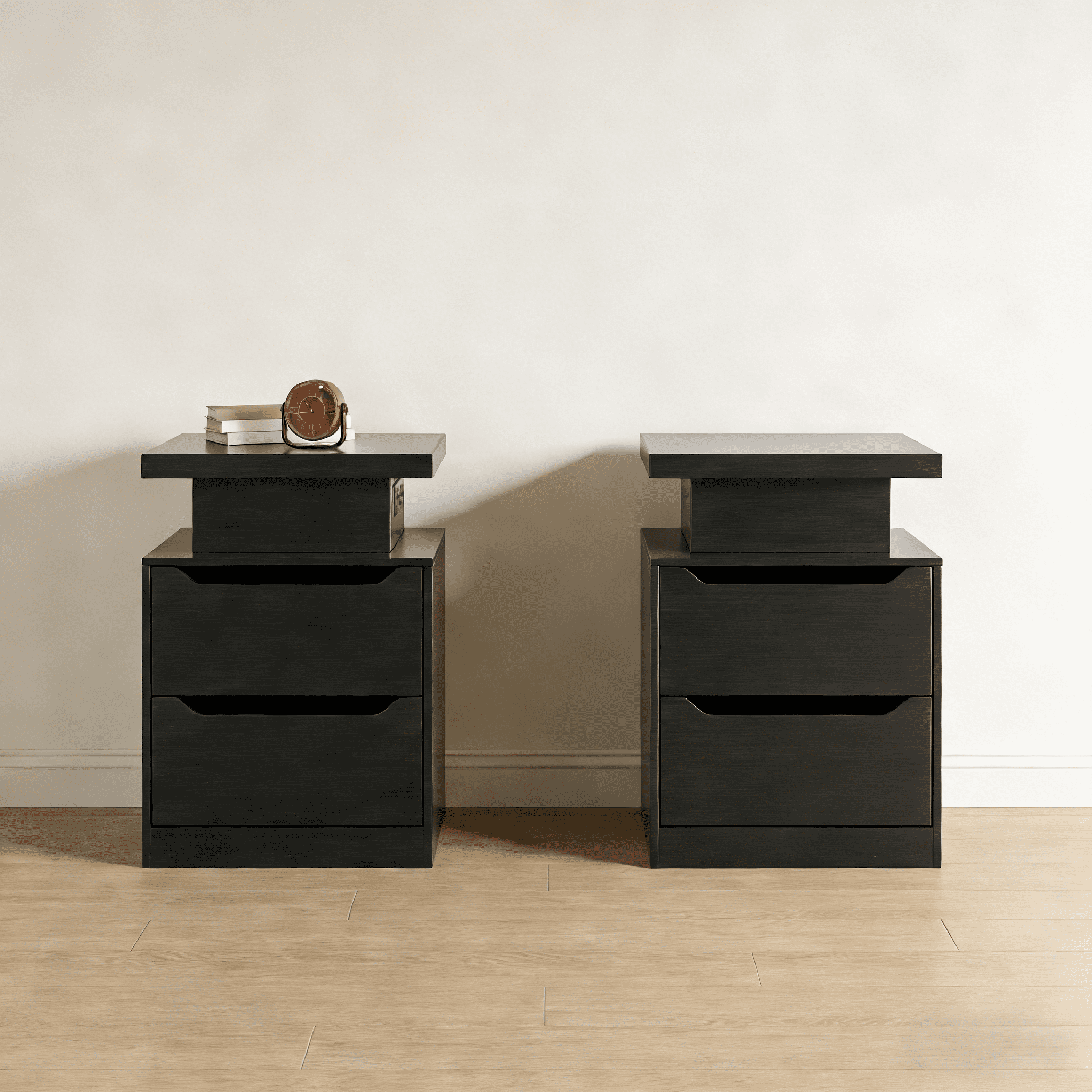 Asofer 2 Nightstand Set with Charging Hub and RGB Lights, 2-Drawers, Modern Wood Bedside Table, Black