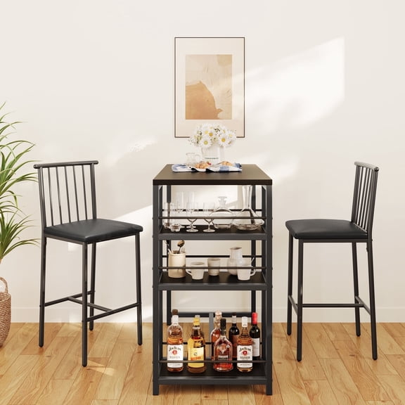Asofer 2-Piece Bar Table Set with PU Chairs, Counter Height for Kitchen Breakfast Nook, Space-Saving Black Style