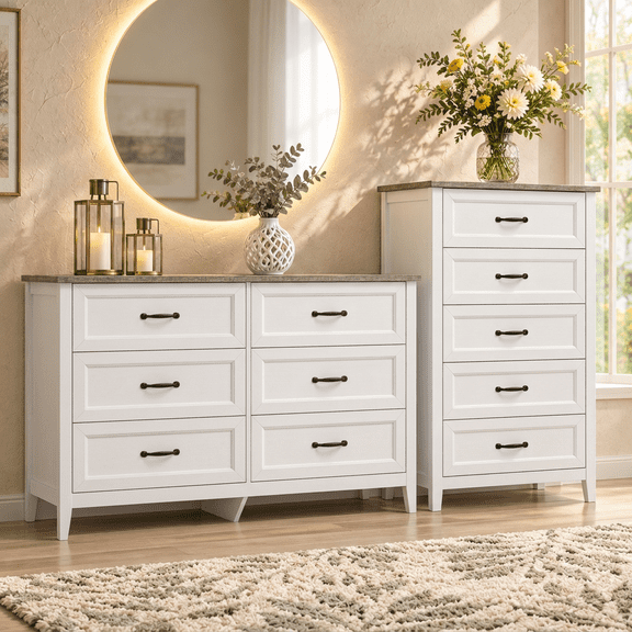 Asofer 2PCS Modern Bedroom Furniture Set, Wooden 5 Drawer Dresser & 6 Chest of Drawers, Ample Storage Space, White
