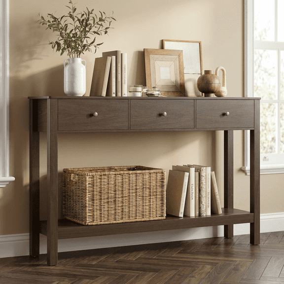 Asofer 3-Drawer Wooden Sofa Table, Modern Accent Console Table with Metal Round Handles, Slim Entryway Hall Table for Living Room, Hallway, Entrance, Retro