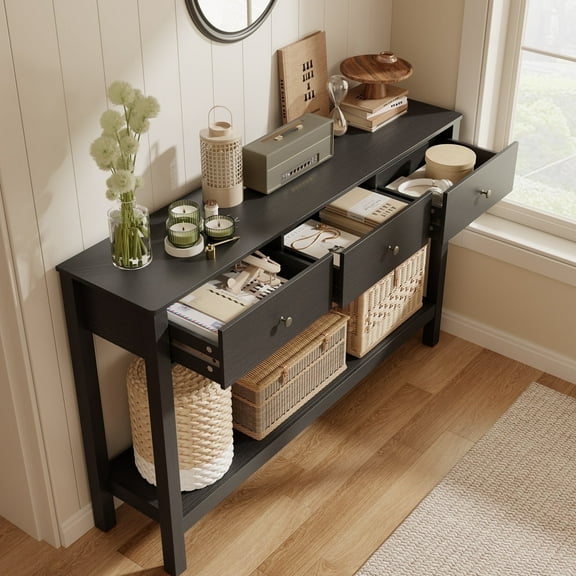 Asofer 3 Drawer Wooden Sofa Table, Modern Accent Console Table with Metal Round Handles for Entrance Hall, Black