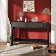 Asofer 3 Drawer Wooden Sofa Table with Outlets and USB Ports, Modern Accent Console Table with Metal Round Handles for Entrance Hall, Black