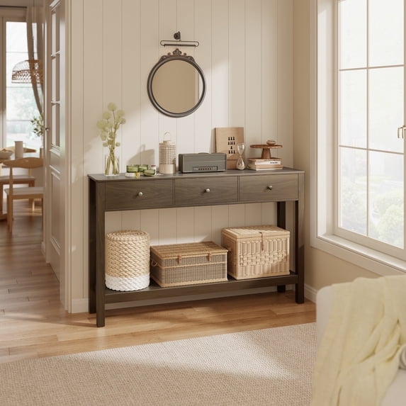 Asofer 3 Drawer Wooden Sofa Table, Modern Accent Console Table with Metal Round Handles for Entrance Hall, Retro