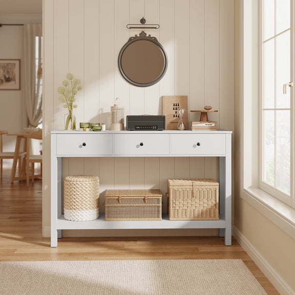 Asofer 3-Drawer Wooden Sofa Table – Modern Accent Console with Metal Round Handles, Slim Entryway Hall Table, White