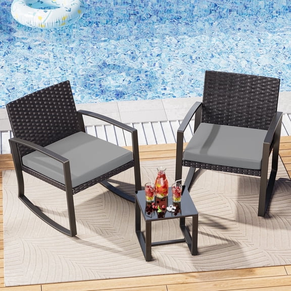 Asofer 3 PCS Patio Furniture Set, Outdoor Rocking Wicker Chair with Cushion & Coffee Table, Balcony, Poolside, Gray