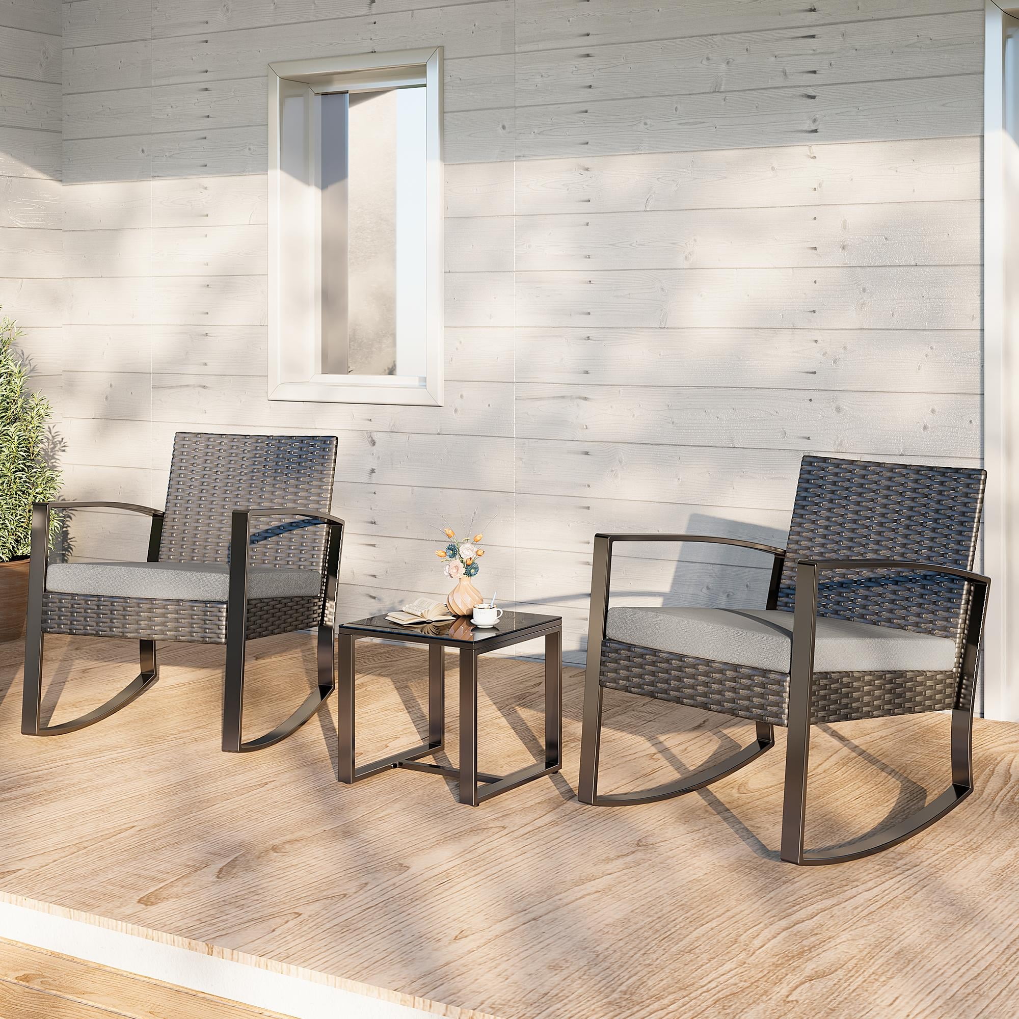 Walmart exclusive discounts  Asofer 3 PCS Patio Furniture Set, Outdoor Rocking Wicker Chair with Cushion & Coffee Table, Balcony, Poolside, Gray