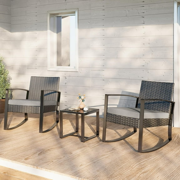 Asofer 3 PCS Patio Furniture Set, Outdoor Rocking Wicker Chair with Cushion & Coffee Table, Balcony, Poolside, Gray