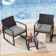 Asofer 3 PCS Patio Furniture Set, Outdoor Rocking Wicker Chair with Cushion & Coffee Table, Balcony, Poolside, Gray
