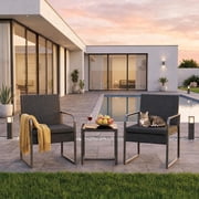 Asofer 3 PCS Patio Furniture Set, Outdoor Bistro Wicker Chair with Glass Table, Poolside, Balcony, Black Cushion