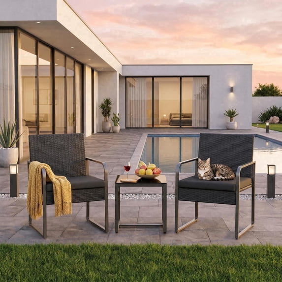 Asofer 3 PCS Patio Furniture Set, Outdoor Bistro Wicker Chair with Glass Table, Poolside, Balcony, Black Cushion