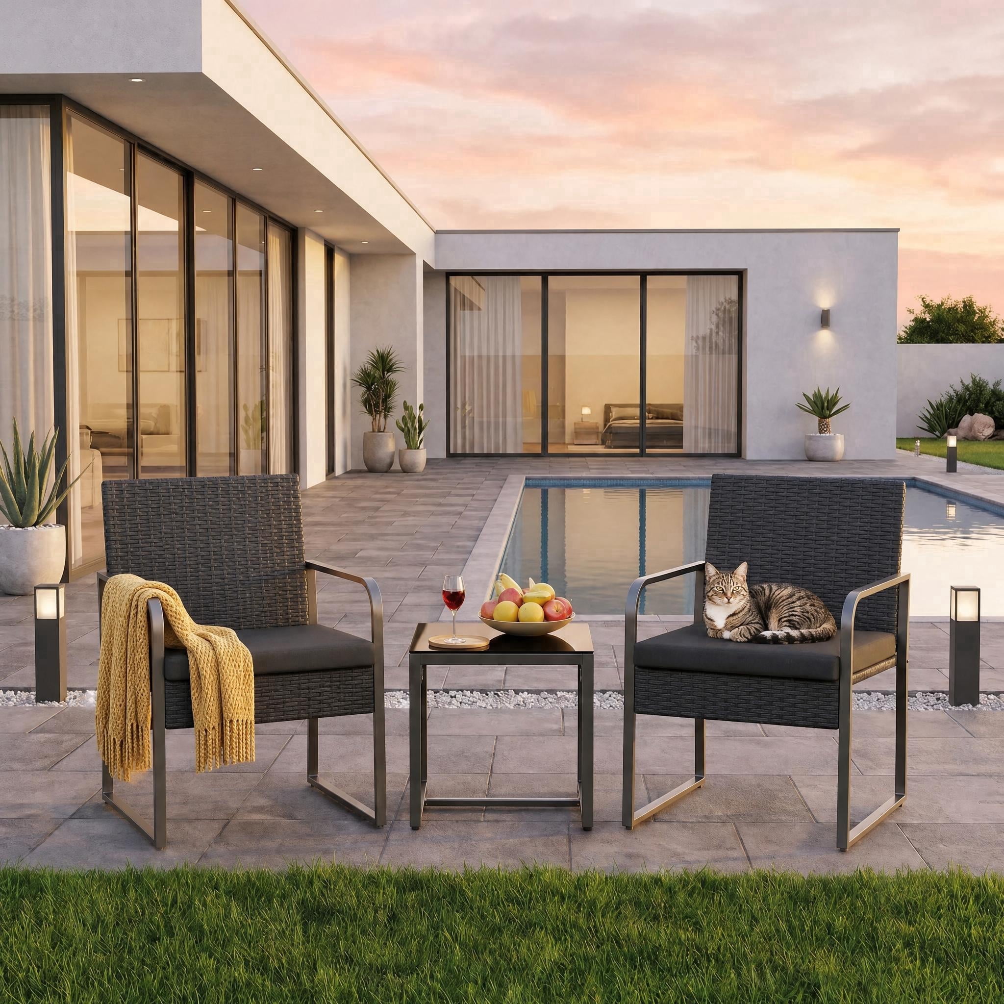 Asofer 3 PCS Patio Furniture Set, Outdoor Bistro Wicker Chair with Glass Table, Poolside, Balcony, Black Cushion